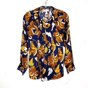 Bohme rich floral blouse top long sleeve Sz S navy blue gold floral print